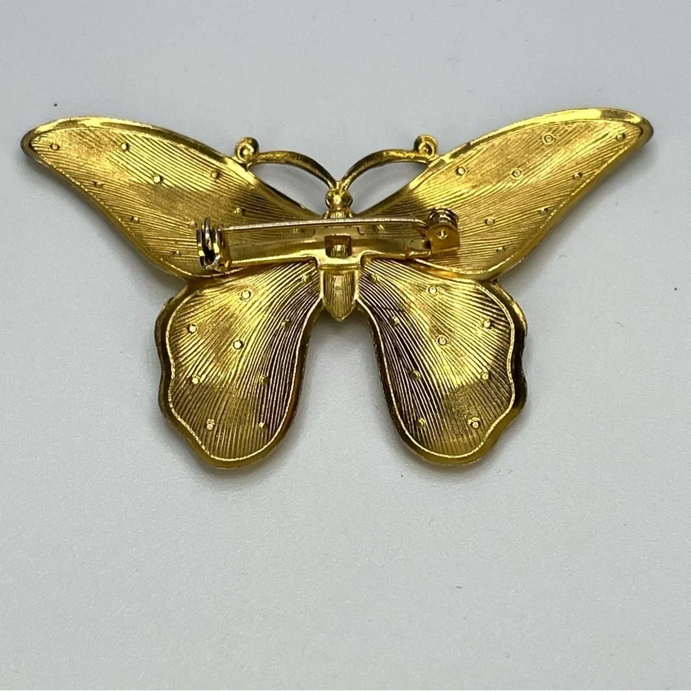 Vintage Gold Butterfly Brooch Textured Metallic Wings Large Statement Pin
